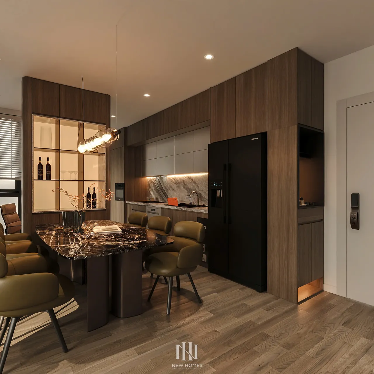 Căn 2PN Hiện đại — Canopy Vinhomes Smart City — bếp – phòng ăn, thiết kế 3d
