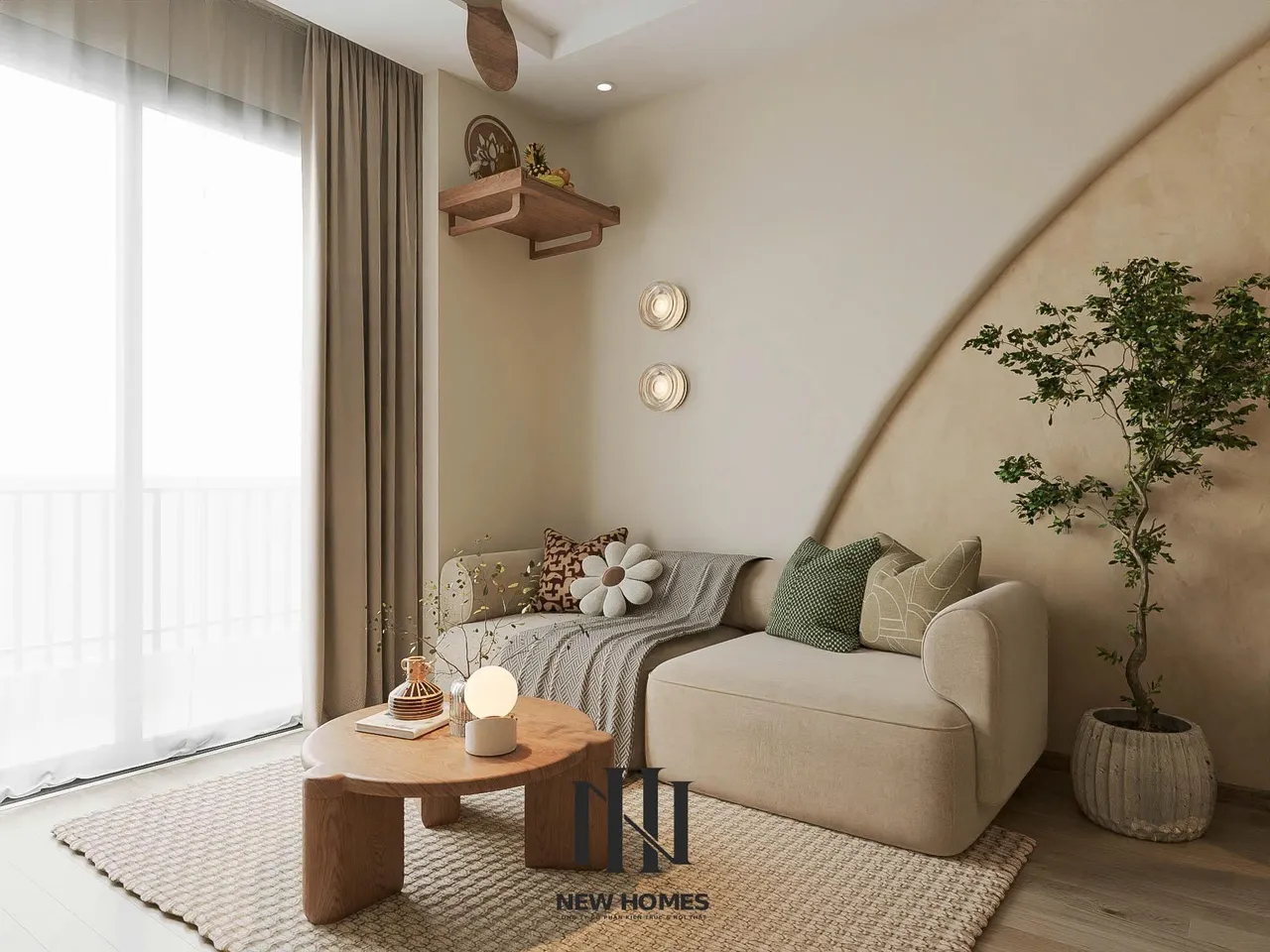 Căn 2PN Japandi — Fibonan Ecopark — phòng khách, thiết kế 3d