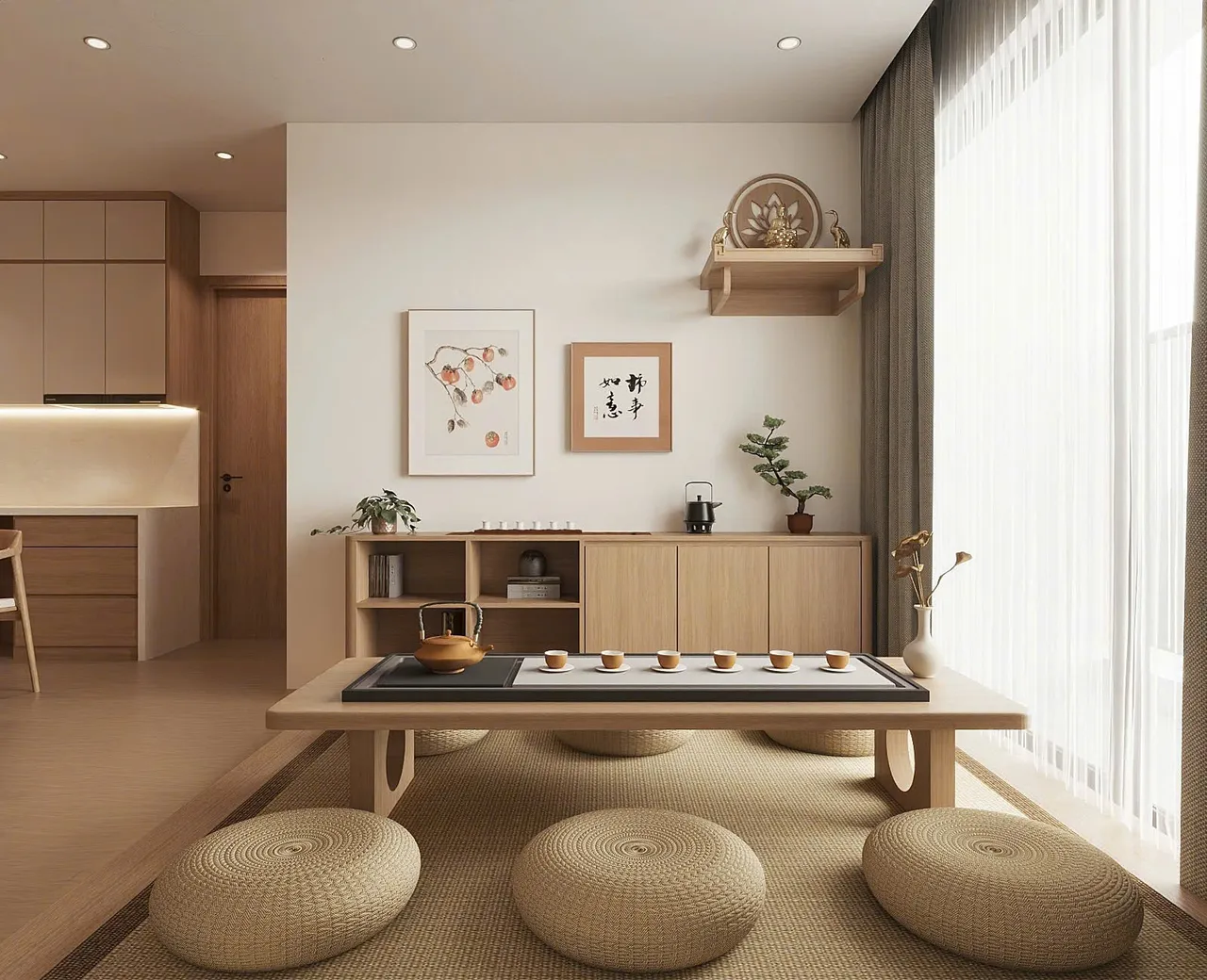 Căn 2PN Japandi — Fibonan Ecopark — phòng khách, thiết kế 3d