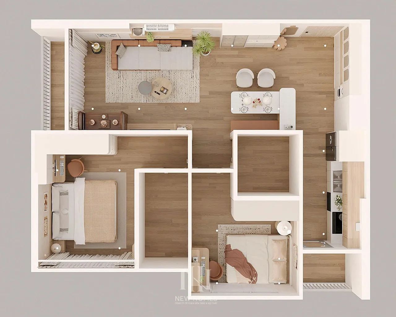 Căn 2PN Hiện đại — GS5 Vinhomes Smart City — mặt bằng, thiết kế 3d