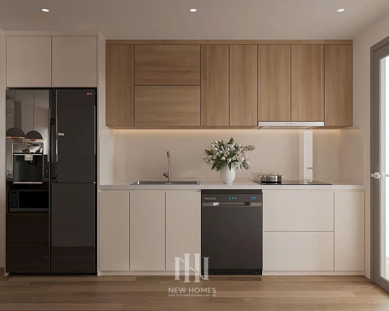 Căn 2PN Hiện đại — GS5 Vinhomes Smart City — bếp – phòng ăn, thiết kế 3d