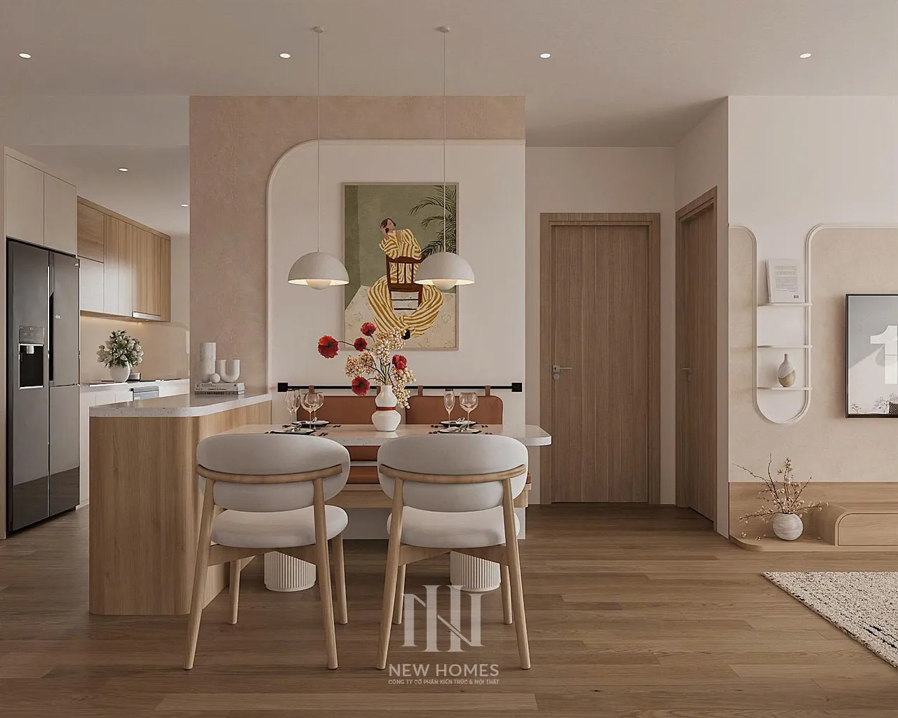 Căn 2PN Hiện đại — GS5 Vinhomes Smart City — bếp – phòng ăn, thiết kế 3d
