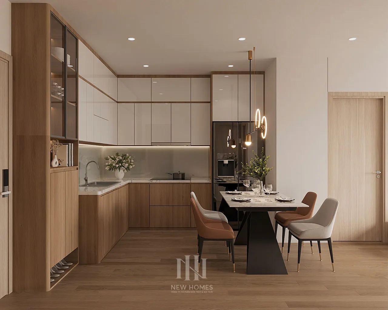 Căn 2PN Hiện đại — GS5 Vinhomes Smart City — bếp – phòng ăn, thiết kế 3d