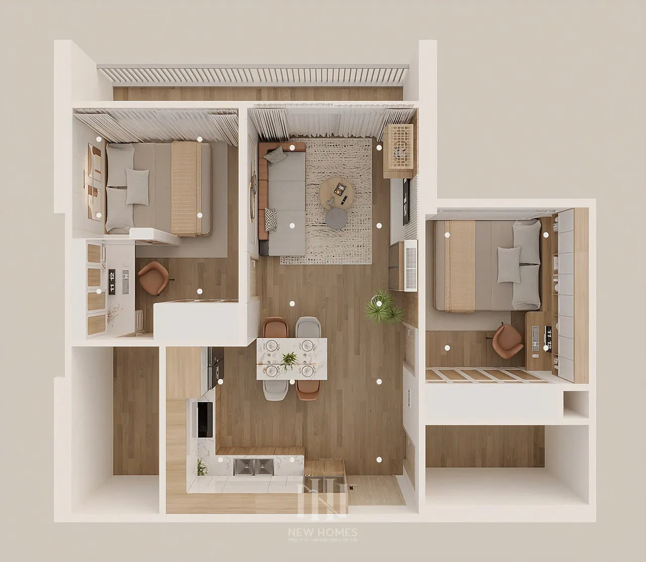 Căn 2PN Hiện đại — GS5 Vinhomes Smart City — mặt bằng, thiết kế 3d