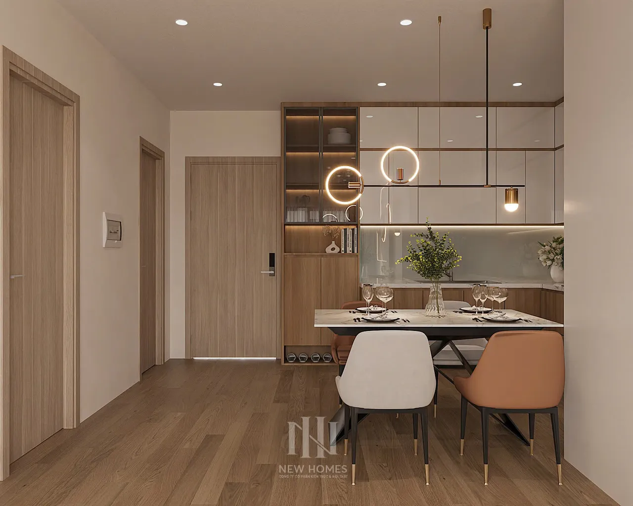 Căn 2PN Hiện đại — GS5 Vinhomes Smart City — bếp – phòng ăn, thiết kế 3d