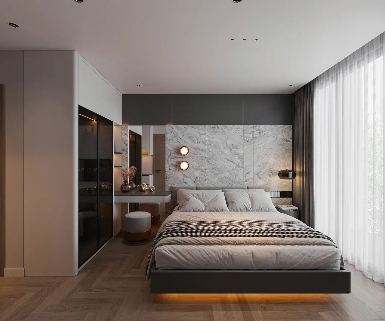 Căn 2PN Hiện đại — GS5 Vinhomes Smart City — phòng ngủ master, thiết kế 3d