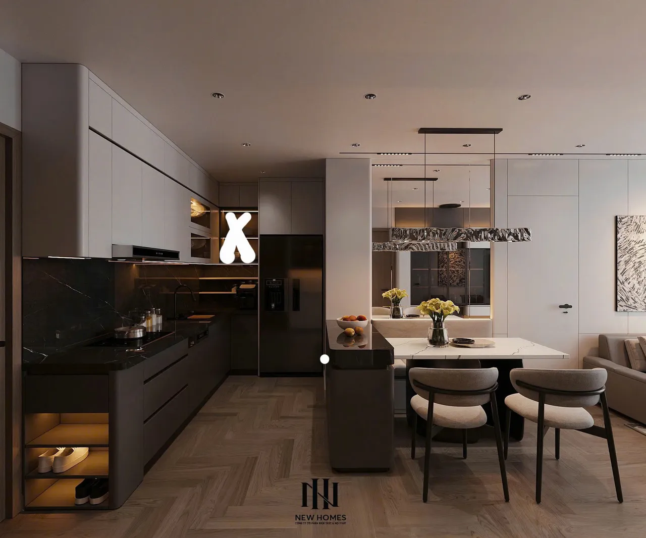 Căn 2PN Hiện đại — GS5 Vinhomes Smart City — bếp – phòng ăn, thiết kế 3d