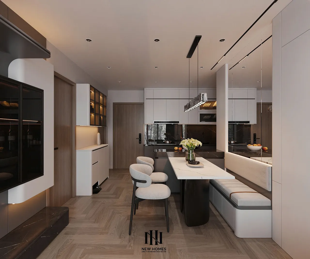 Căn 2PN Hiện đại — GS5 Vinhomes Smart City — bếp – phòng ăn, thiết kế 3d