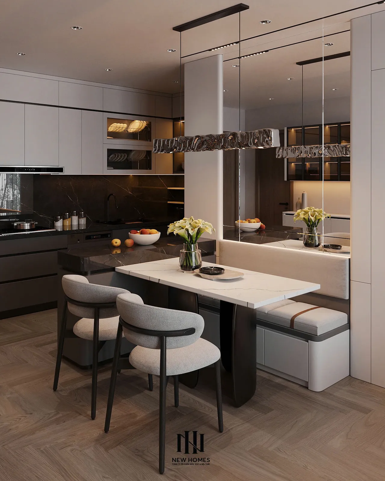 Căn 2PN Hiện đại — GS5 Vinhomes Smart City — bếp – phòng ăn, thiết kế 3d
