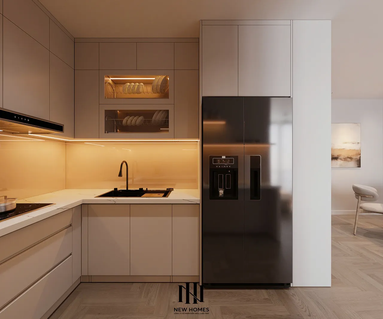 Căn 2PN Hiện đại — GS6 Vinhomes Smart City — bếp – phòng ăn, thiết kế 3d