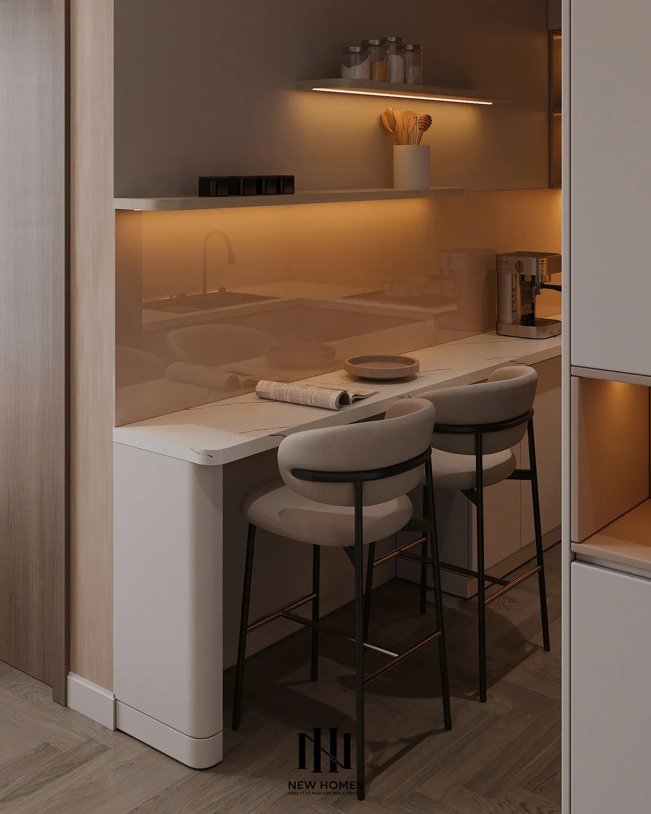 Căn 2PN Hiện đại — GS6 Vinhomes Smart City — bếp – phòng ăn, thiết kế 3d