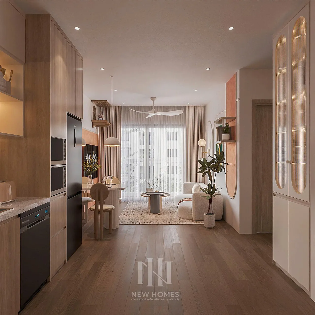 Căn 2PN Hiện đại — GS6 Vinhomes Smart City — bếp – phòng ăn, thiết kế 3d