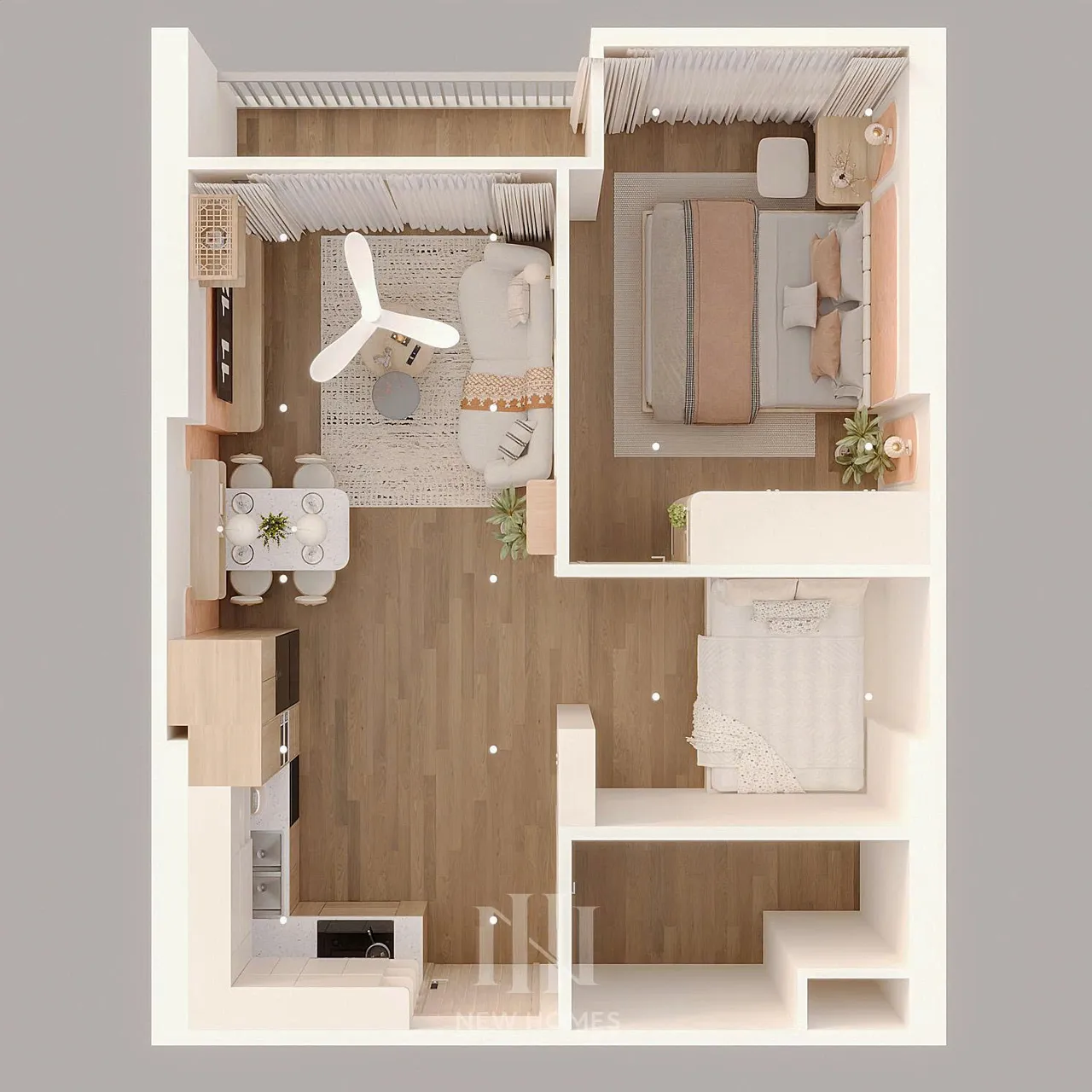 Căn 2PN Hiện đại — GS6 Vinhomes Smart City — mặt bằng, thiết kế 3d
