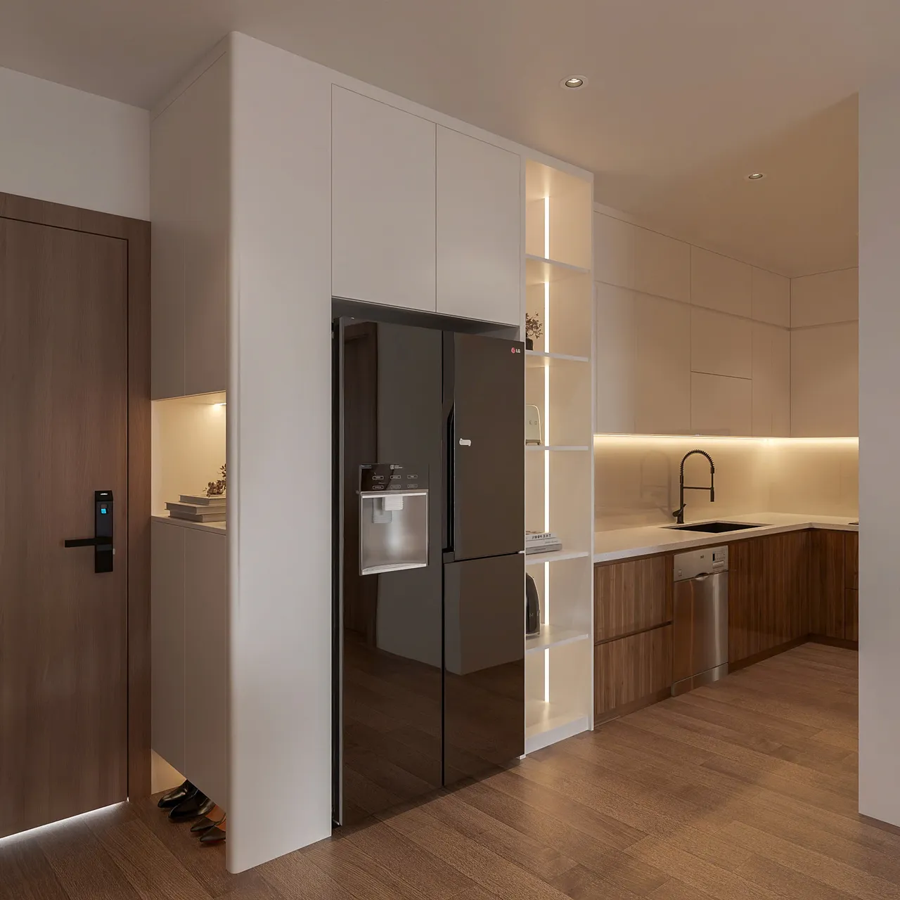 Căn 1PN Hiện đại — GS6 Vinhomes Smart City — bếp – phòng ăn, thiết kế 3d