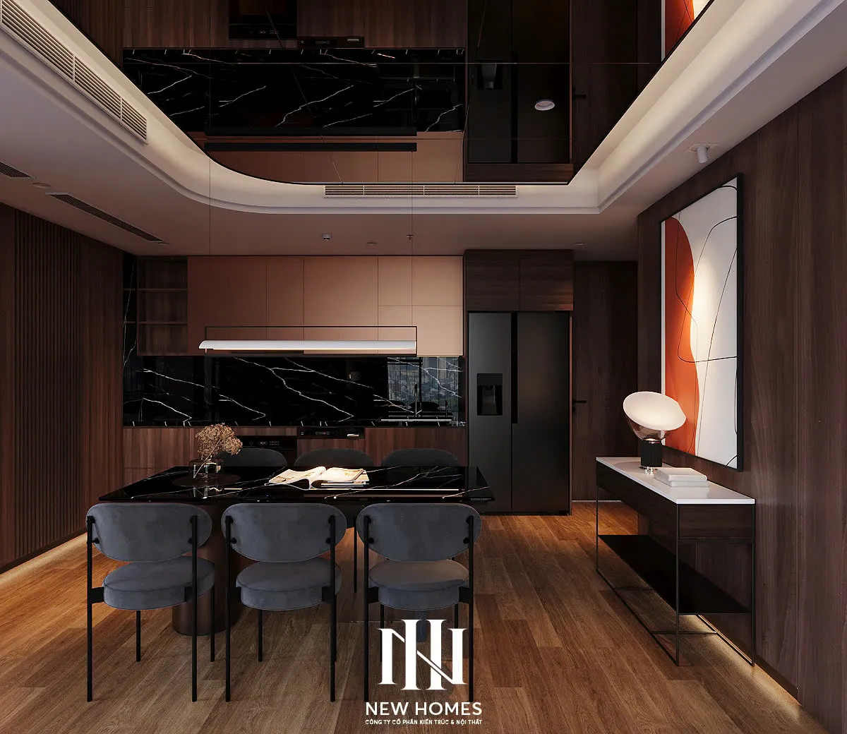 Căn 2PN Hiện đại — GS6 Vinhomes Smart City — bếp – phòng ăn, thiết kế 3d