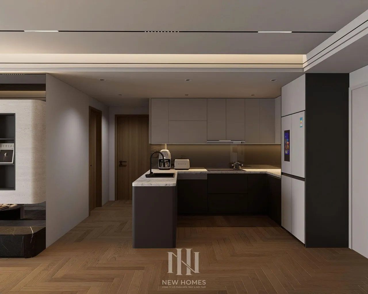 Căn 3PN Hiện đại — Lumi Hà Nội toà S1 — bếp – phòng ăn, thiết kế 3d