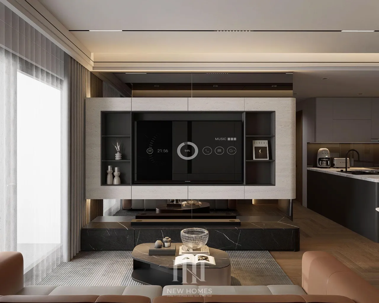 Căn 3PN Hiện đại — Lumi Hà Nội toà S1 — phòng khách, thiết kế 3d