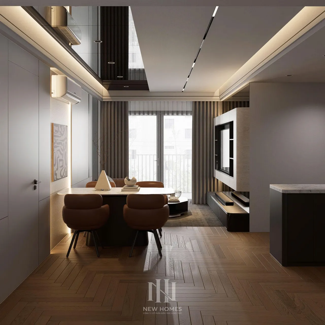 Căn 3PN Hiện đại — Lumi Hà Nội toà S1 — bếp – phòng ăn, thiết kế 3d