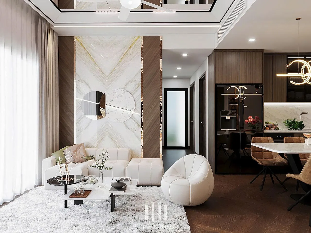 Căn 3PN Hiện đại — Lumière Evergreen toà A1 — phòng khách, thiết kế 3d