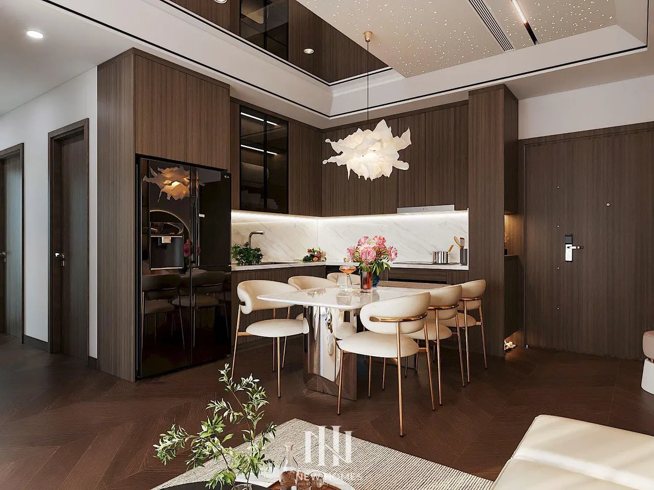 Căn 3PN Hiện đại — Lumière Evergreen toà A1 — bếp – phòng ăn, thiết kế 3d