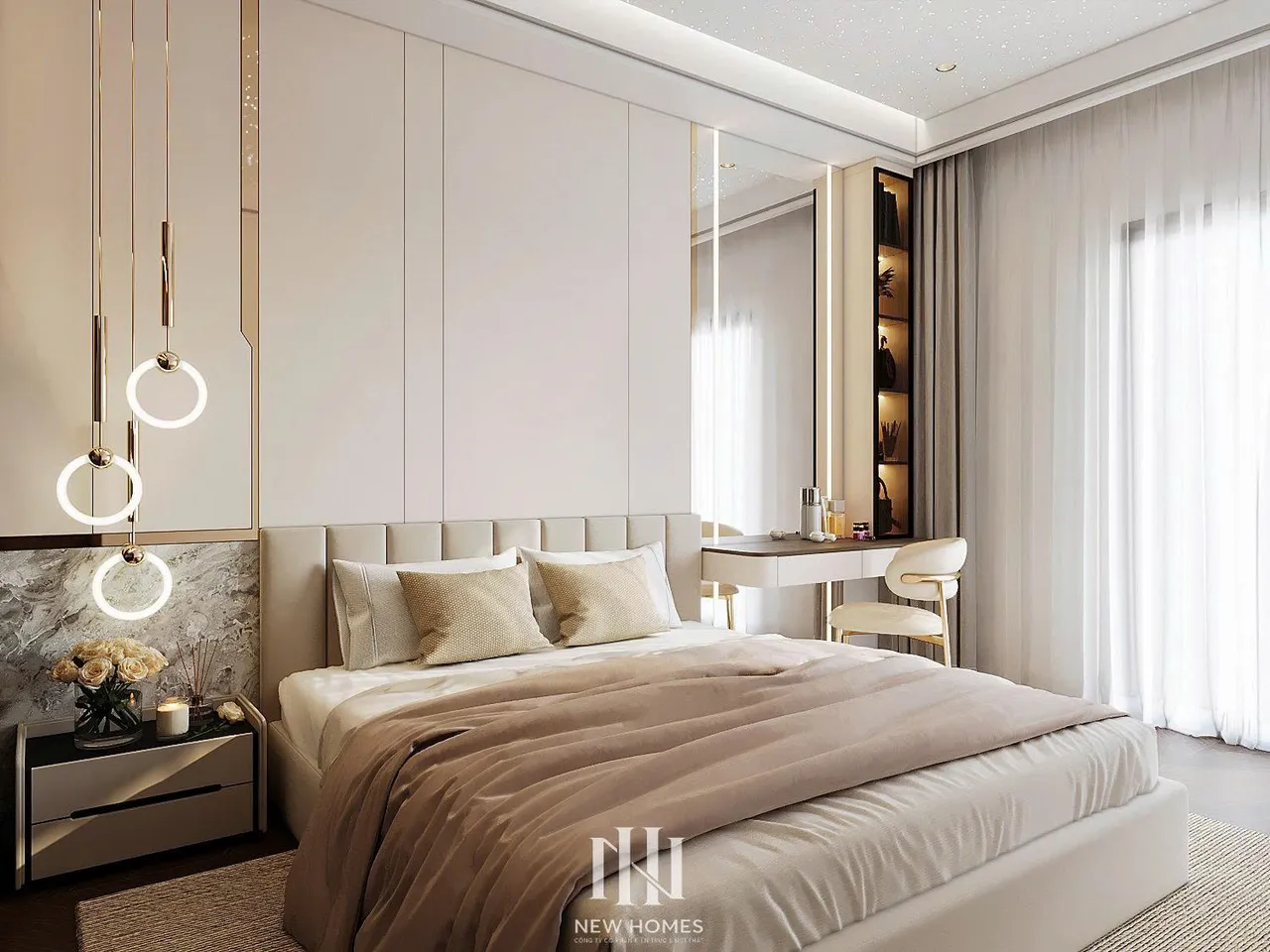 Căn 3PN Hiện đại — Lumière Evergreen toà A1 — phòng ngủ master, thiết kế 3d