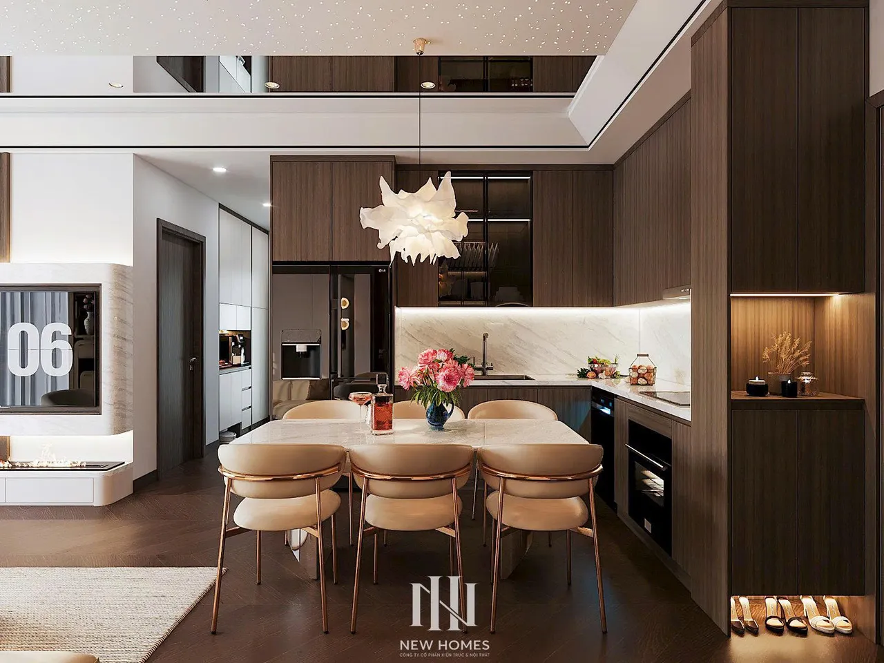 Căn 3PN Hiện đại — Lumière Evergreen toà A1 — bếp – phòng ăn, thiết kế 3d