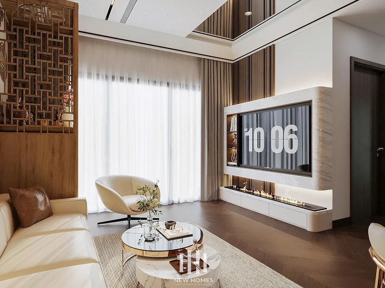 Căn 3PN Hiện đại — Lumière Evergreen toà A1 — phòng khách, thiết kế 3d