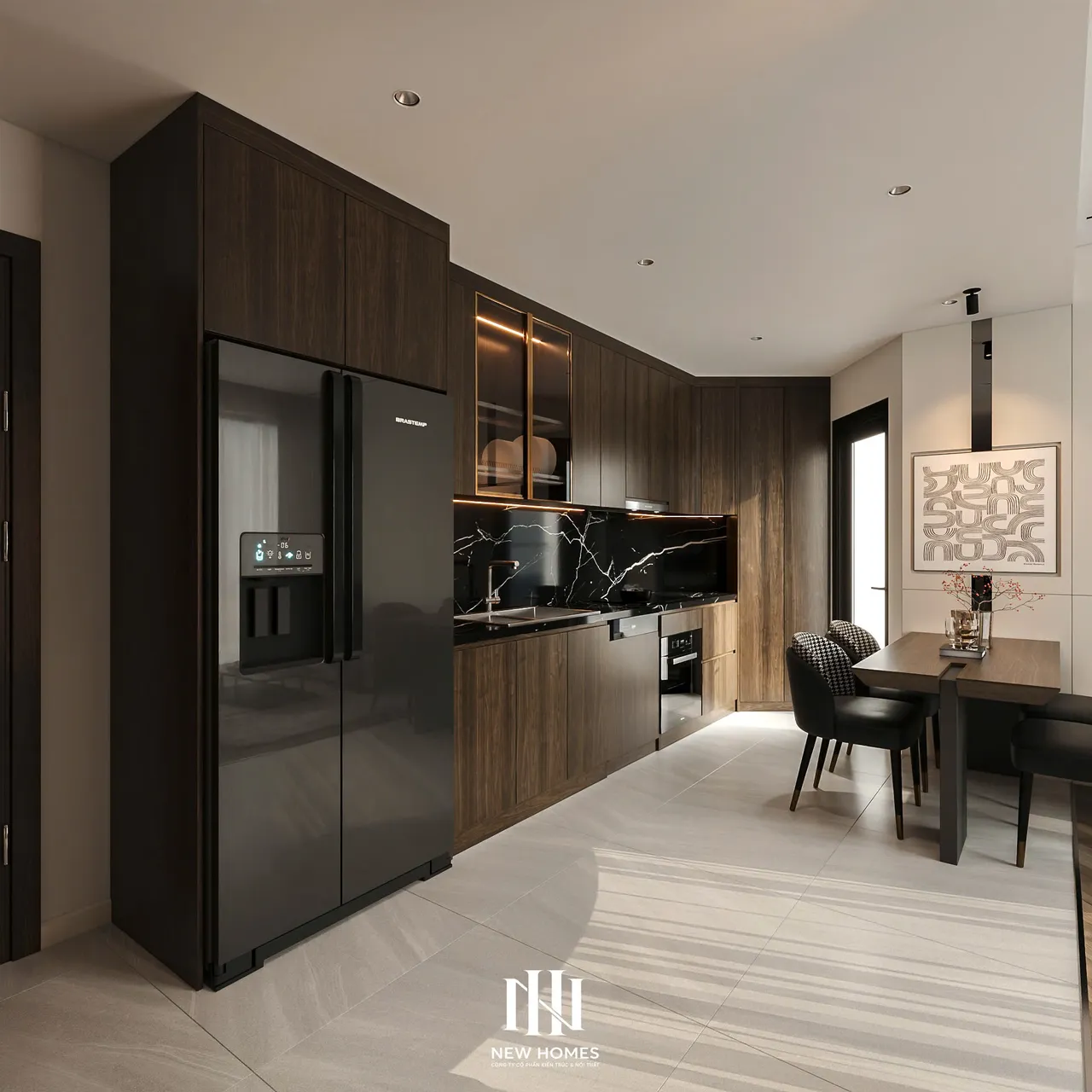 Căn 2PN Hiện đại — Lumière Evergreen toà A1 — bếp – phòng ăn, thiết kế 3d