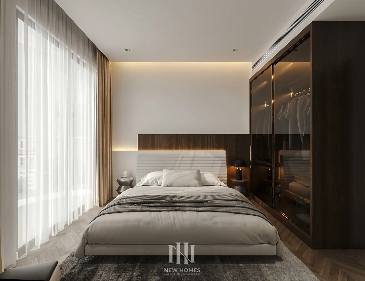 Căn 2PN Hiện đại — Lumière Evergreen toà A1 — phòng ngủ master, thiết kế 3d