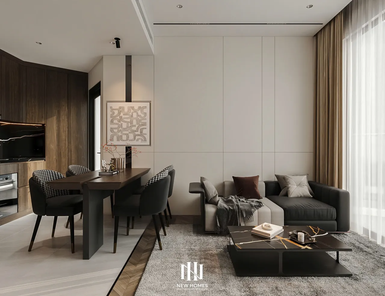 Căn 2PN Hiện đại — Lumière Evergreen toà A1 — phòng khách, thiết kế 3d
