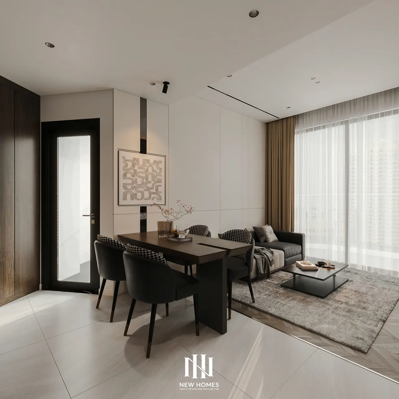 Căn 2PN Hiện đại — Lumière Evergreen toà A1 — bếp – phòng ăn, thiết kế 3d