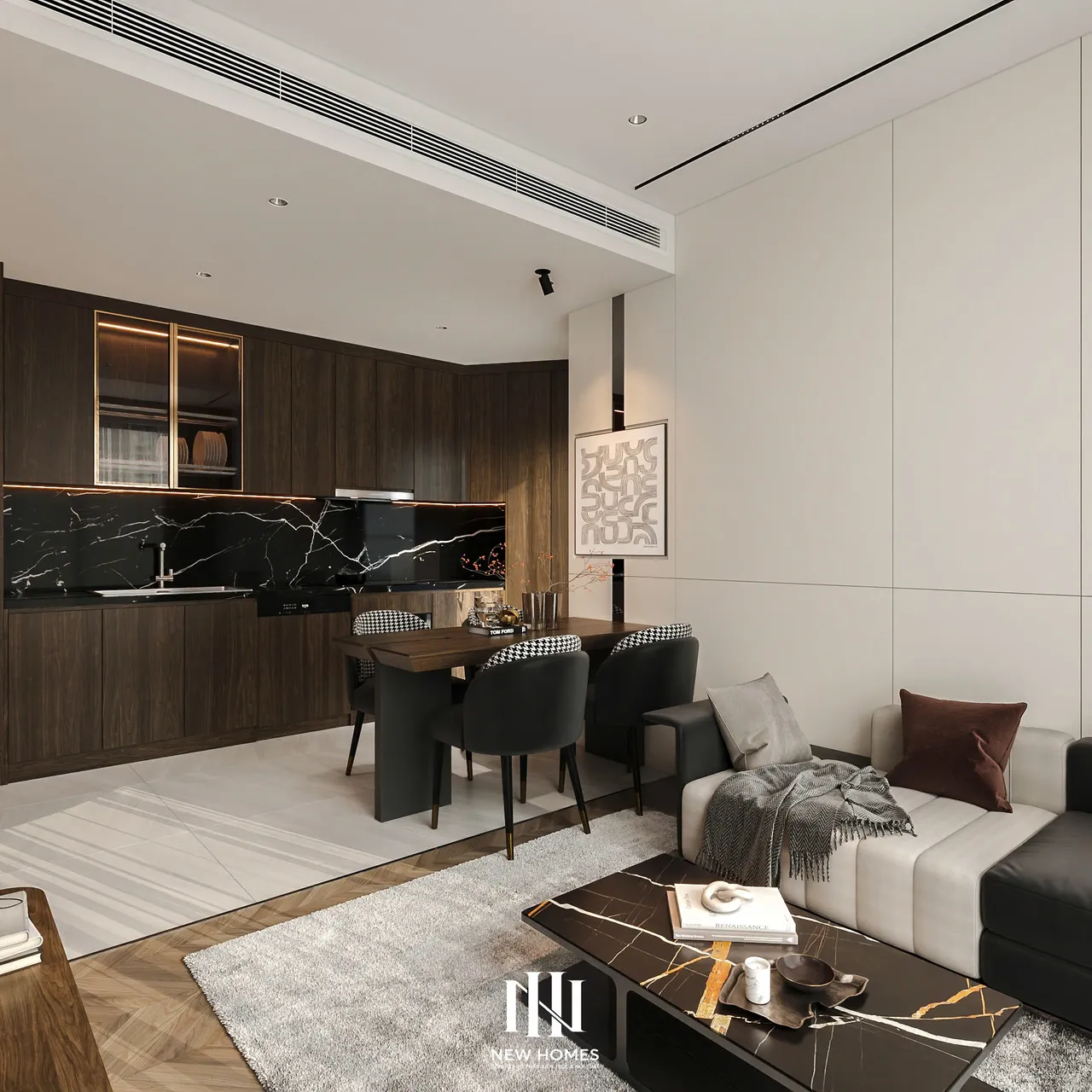 Căn 2PN Hiện đại — Lumière Evergreen toà A1 — bếp – phòng ăn, thiết kế 3d
