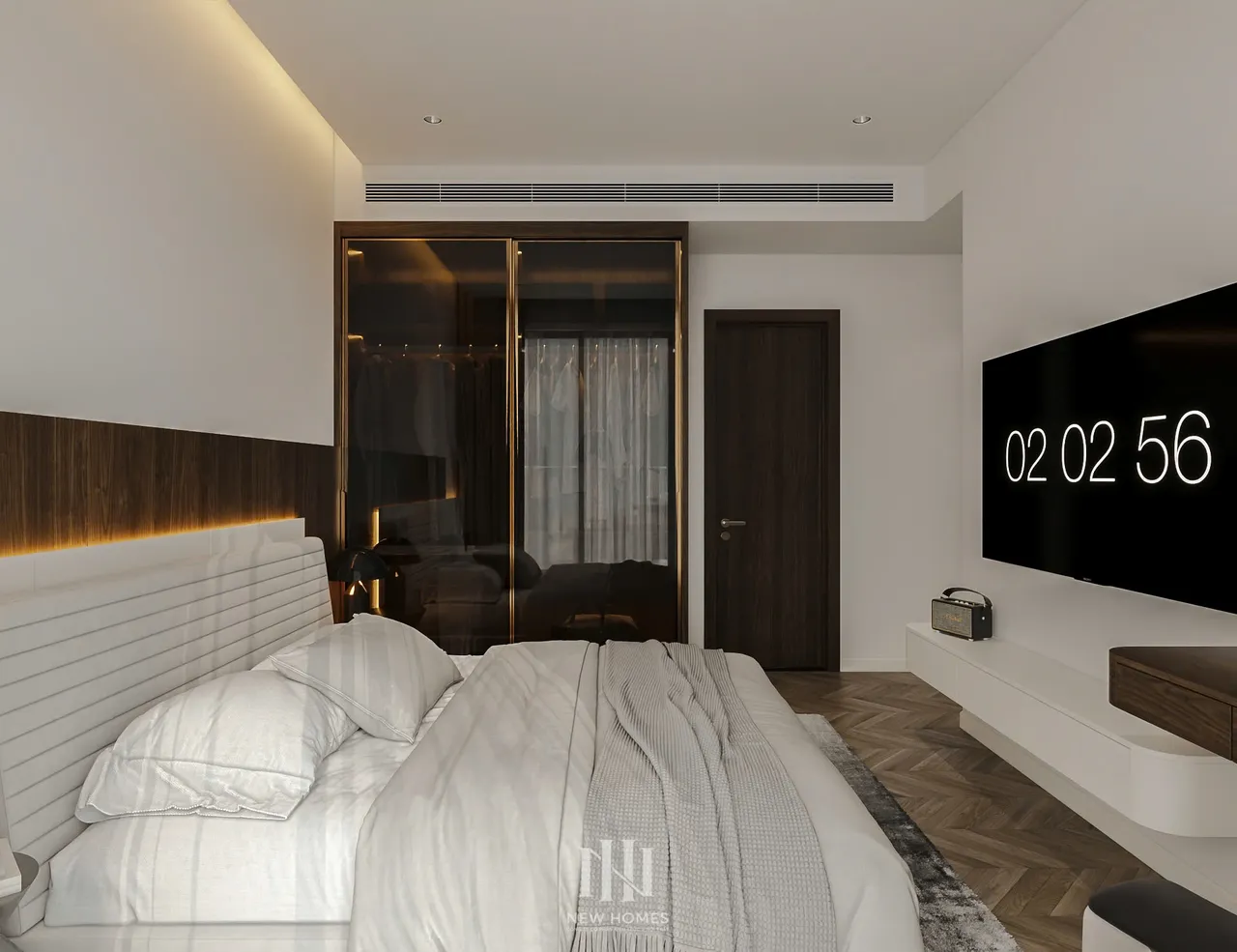 Căn 2PN Hiện đại — Lumière Evergreen toà A1 — phòng ngủ master, thiết kế 3d