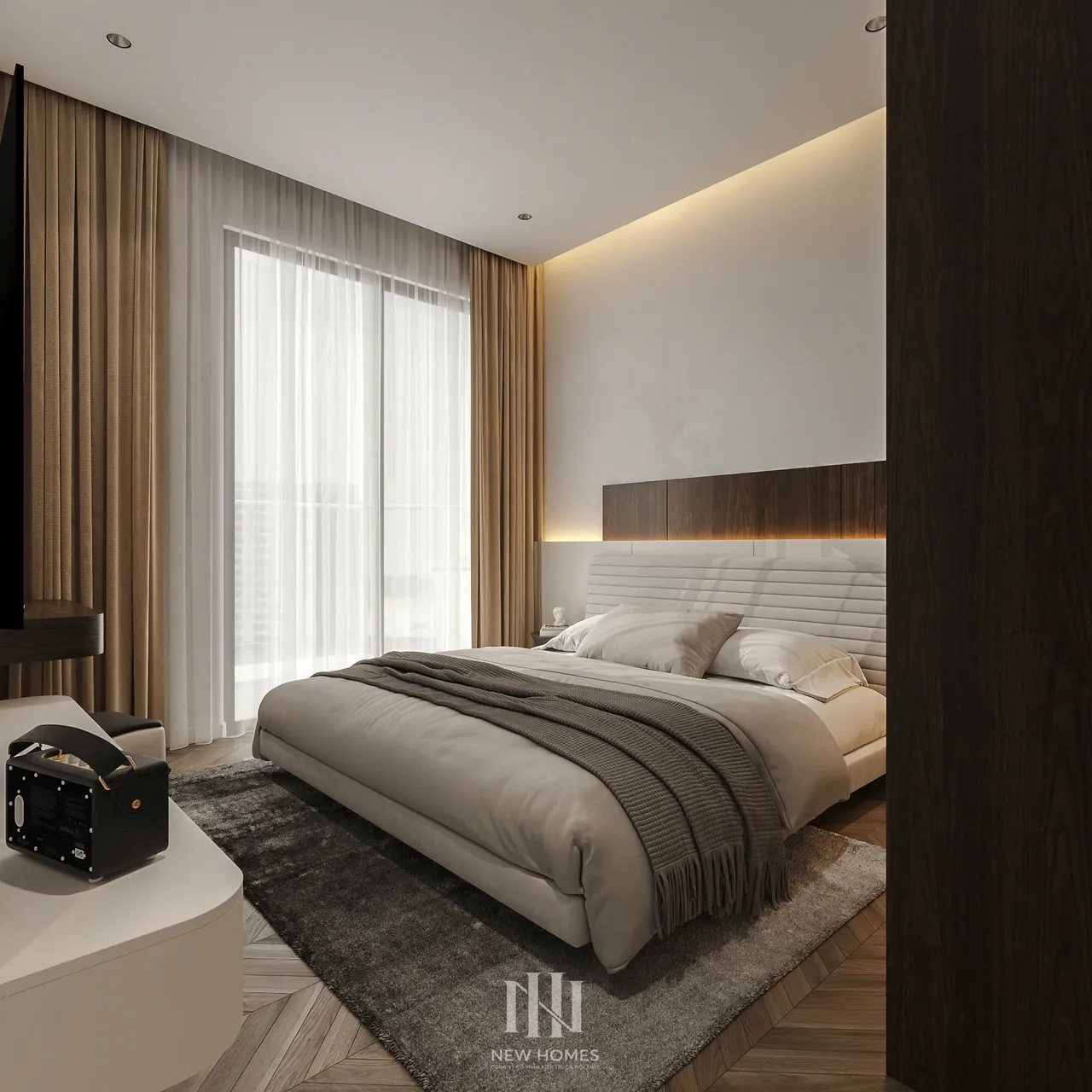Căn 2PN Hiện đại — Lumière Evergreen toà A1 — phòng ngủ master, thiết kế 3d