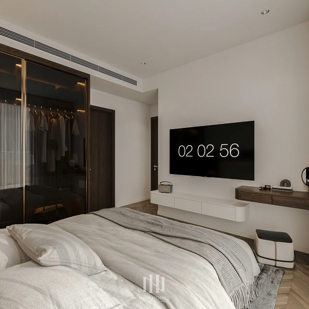 Căn 2PN Hiện đại — Lumière Evergreen toà A1 — phòng ngủ master, thiết kế 3d