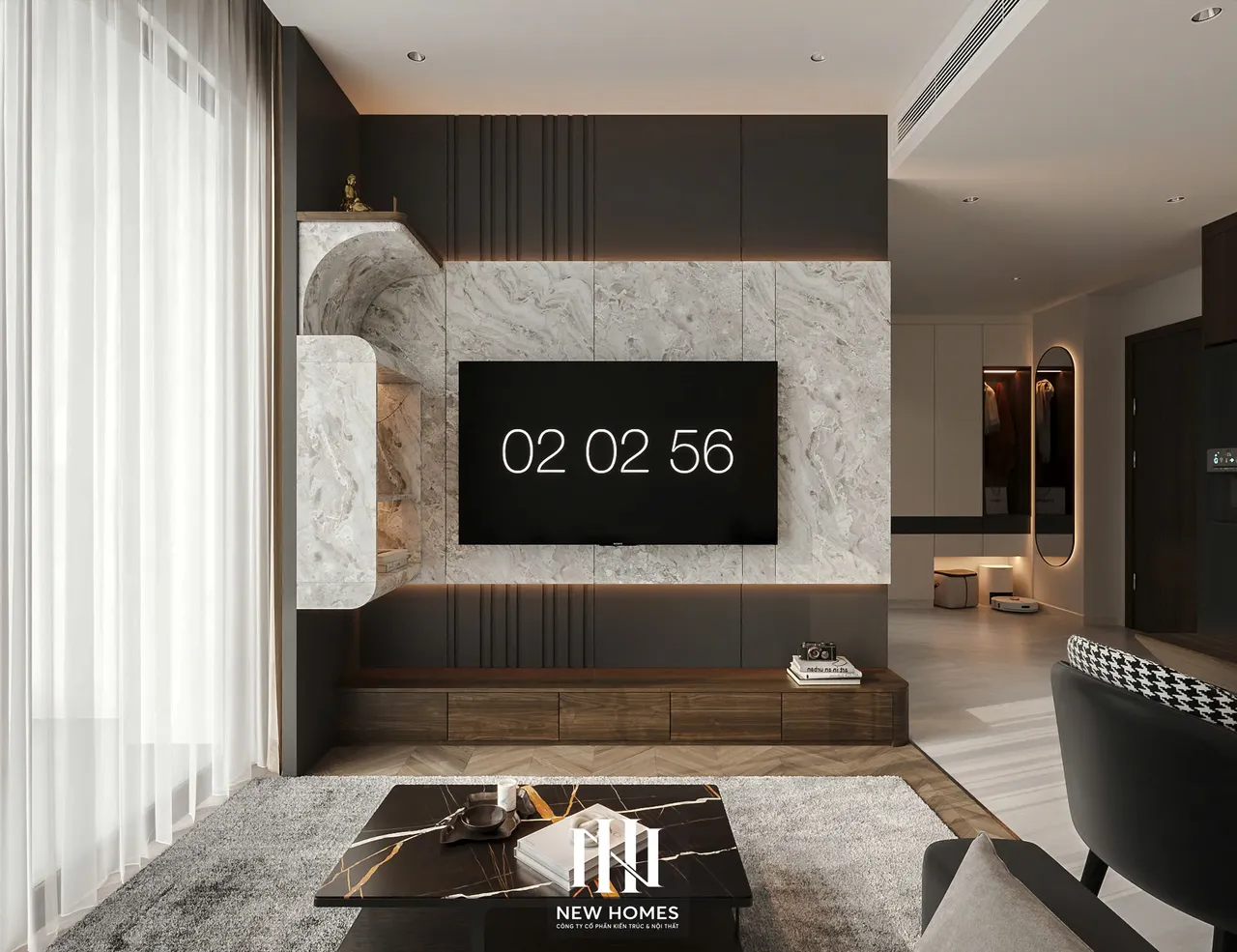 Căn 2PN Hiện đại — Lumière Evergreen toà A1 — phòng khách, thiết kế 3d