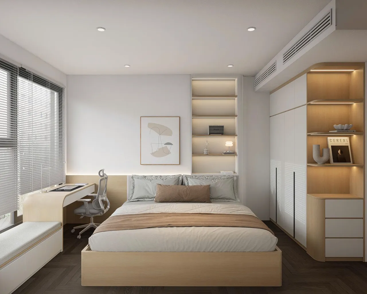 Căn 3PN Hiện đại — Lumière Evergreen toà A1 — phòng ngủ master, thiết kế 3d