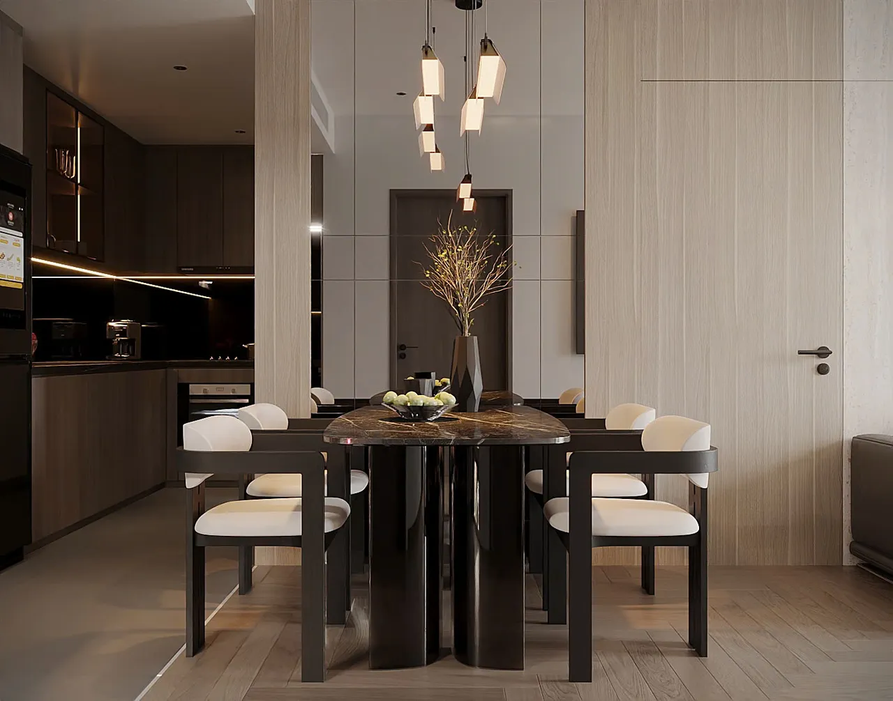 Căn 2PN Hiện đại — Lumière Evergreen toà A2 — bếp – phòng ăn, thiết kế 3d