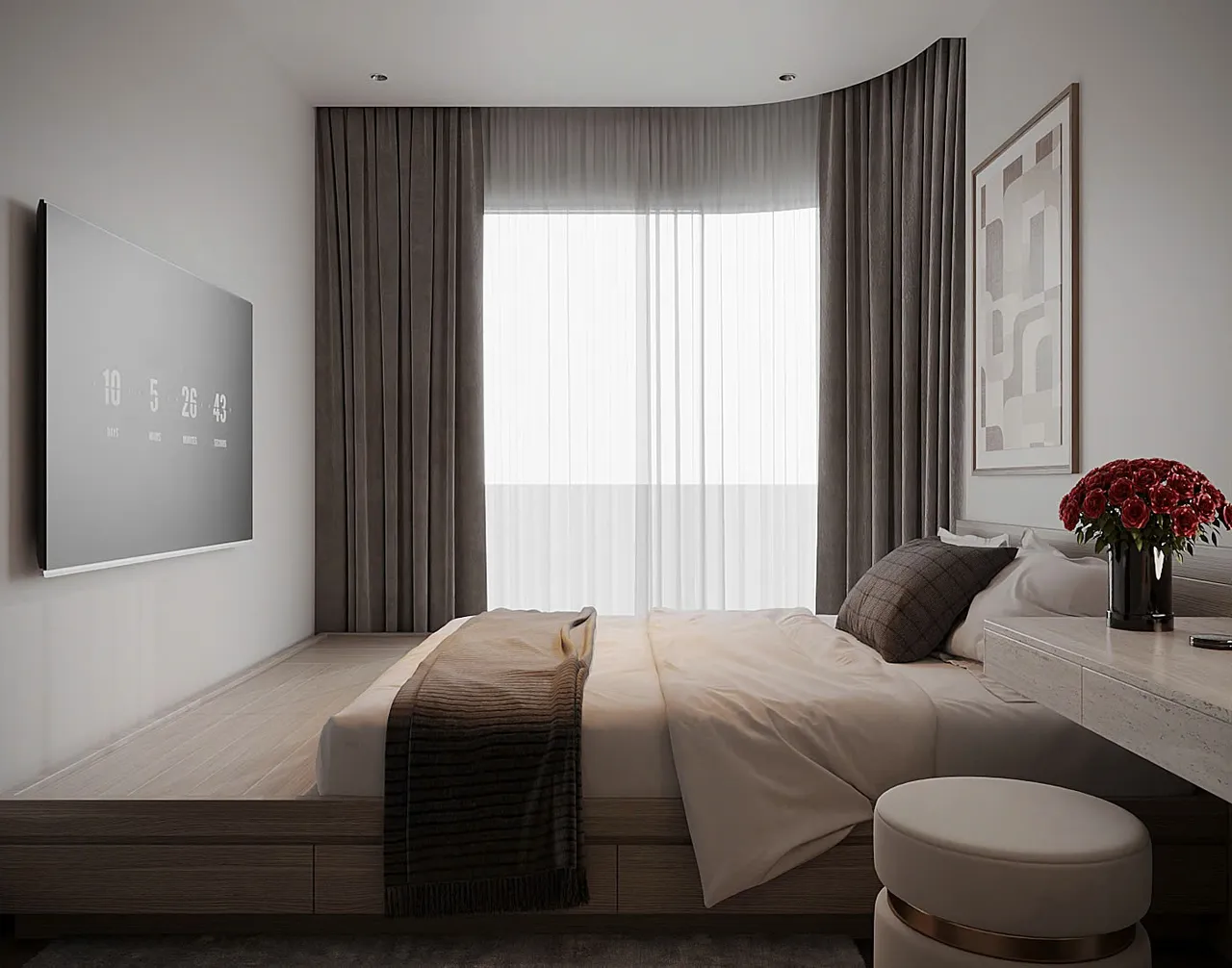 Căn 2PN Hiện đại — Lumière Evergreen toà A2 — phòng ngủ master, thiết kế 3d