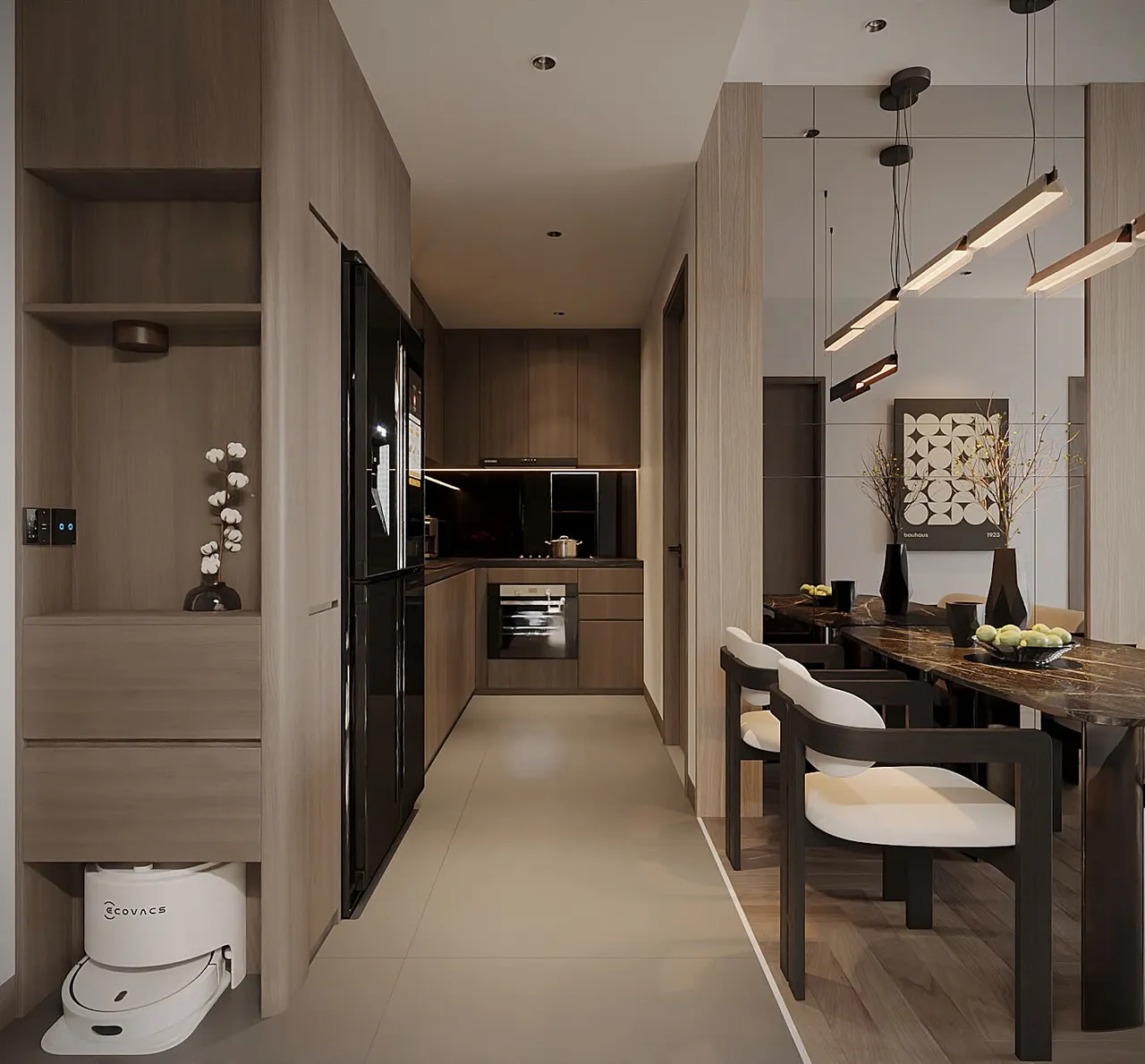Căn 2PN Hiện đại — Lumière Evergreen toà A2 — bếp – phòng ăn, thiết kế 3d