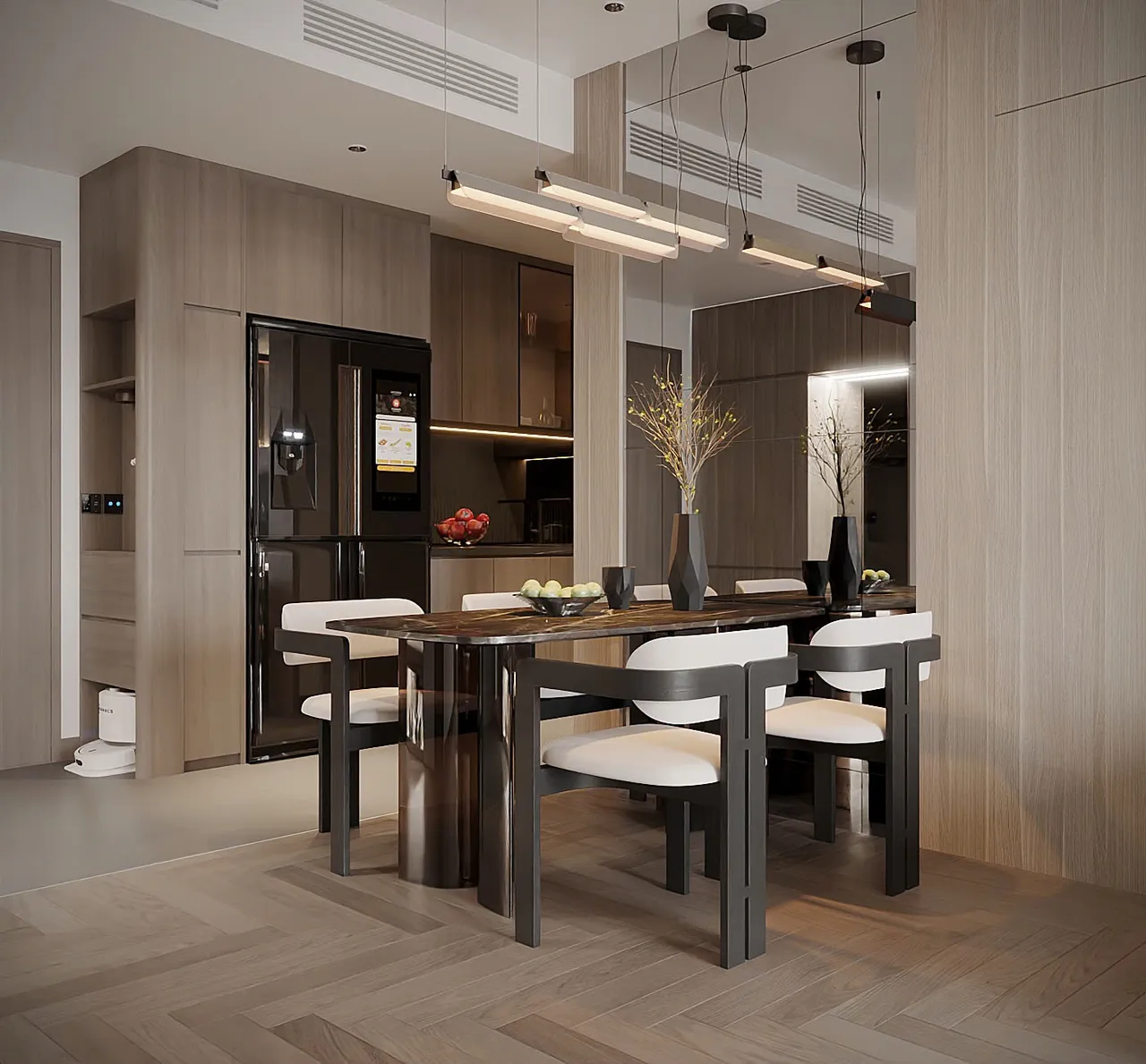 Căn 2PN Hiện đại — Lumière Evergreen toà A2 — bếp – phòng ăn, thiết kế 3d