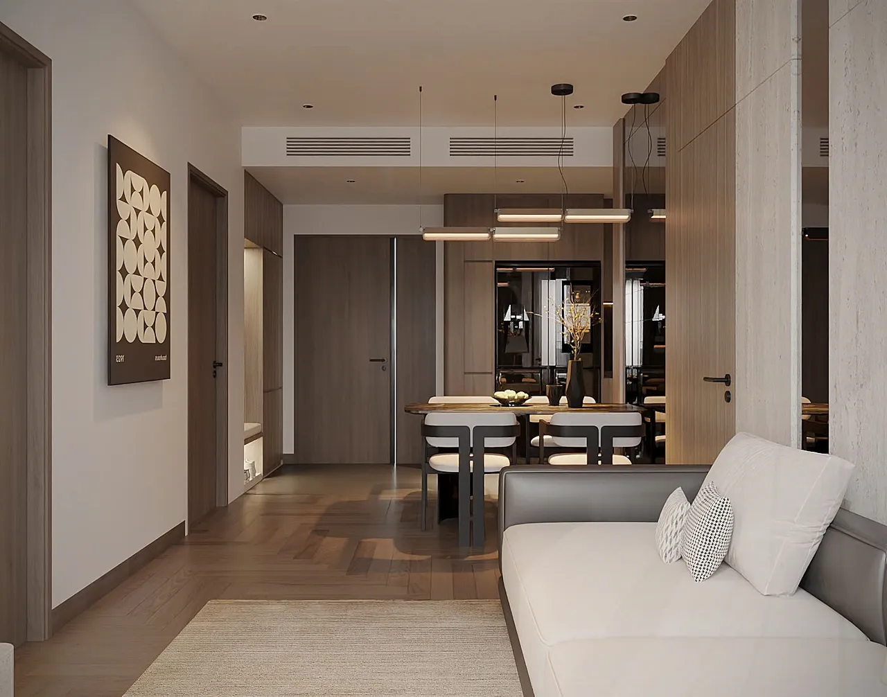 Căn 2PN Hiện đại — Lumière Evergreen toà A2 — phòng khách, thiết kế 3d