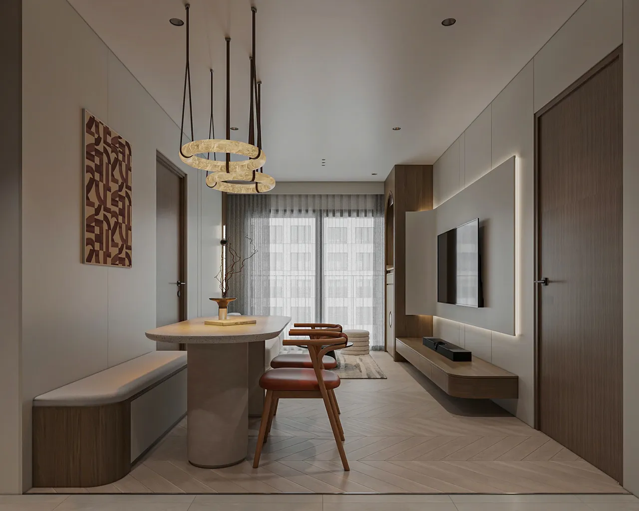 Căn 1PN Hiện đại — Lumière Evergreen toà A2 — bếp – phòng ăn, thiết kế 3d
