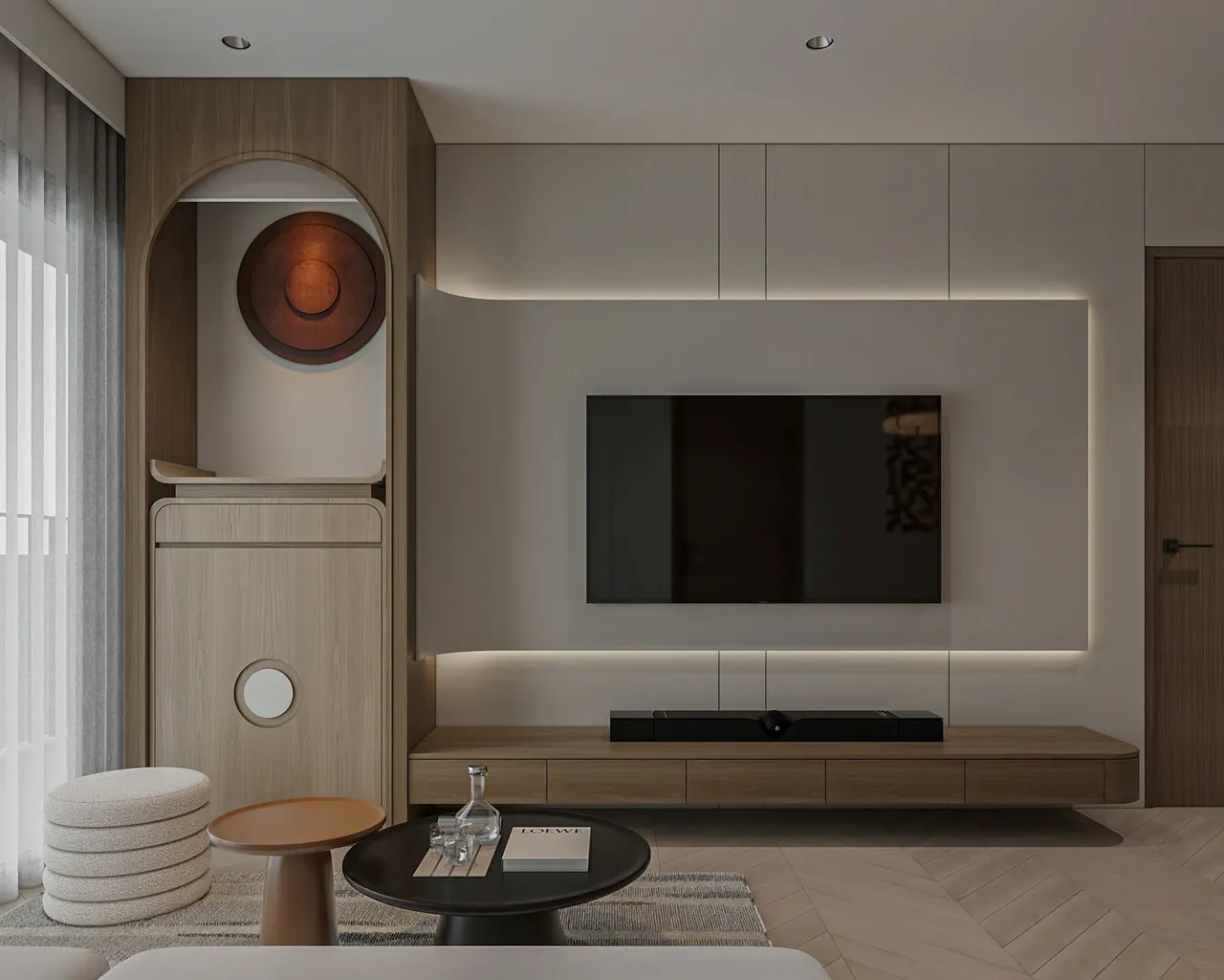 Căn 1PN Hiện đại — Lumière Evergreen toà A2 — phòng khách, thiết kế 3d