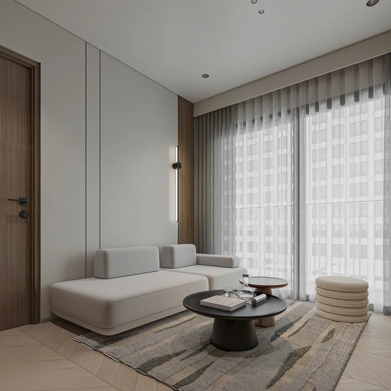 Căn 1PN Hiện đại — Lumière Evergreen toà A2 — phòng khách, thiết kế 3d