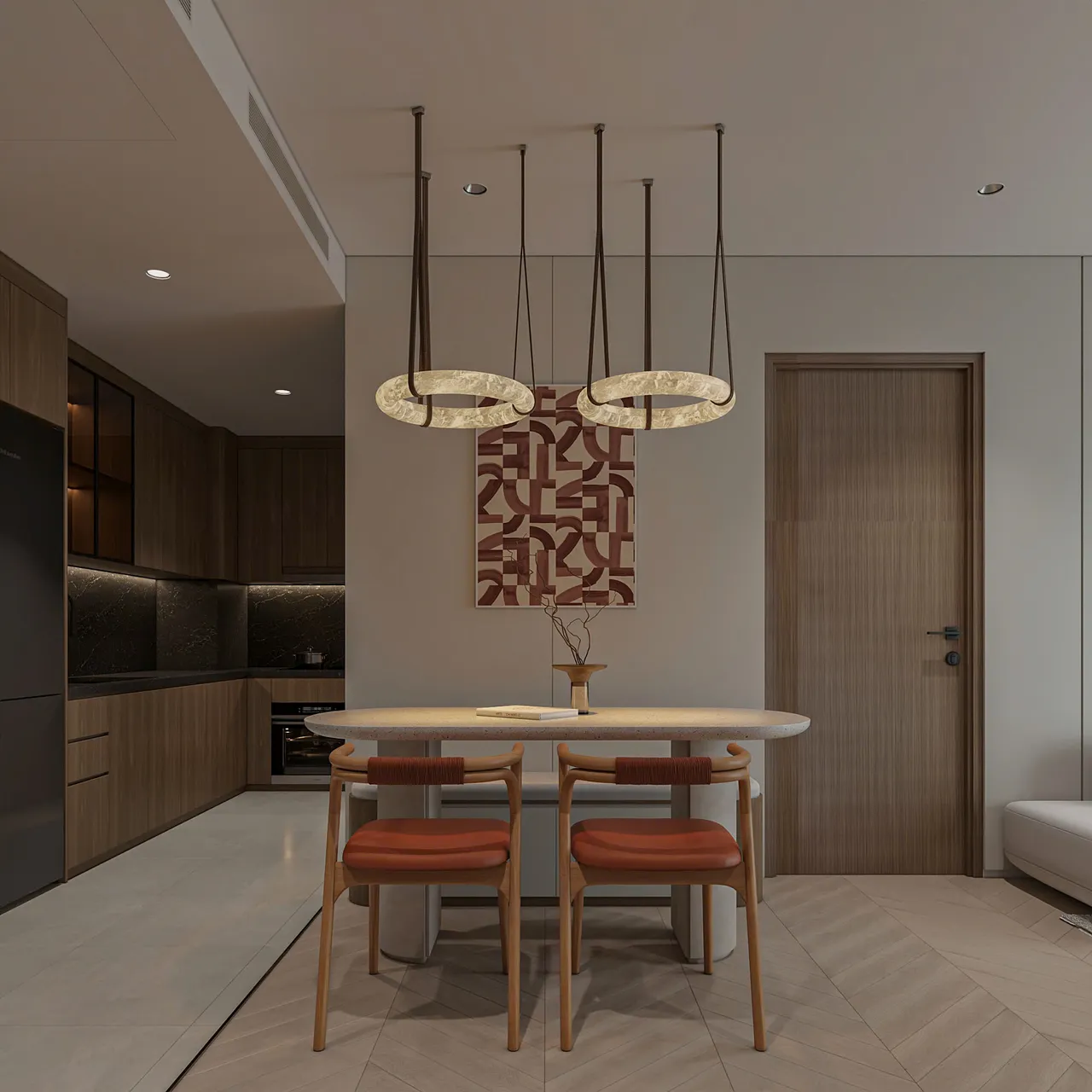 Căn 1PN Hiện đại — Lumière Evergreen toà A2 — bếp – phòng ăn, thiết kế 3d