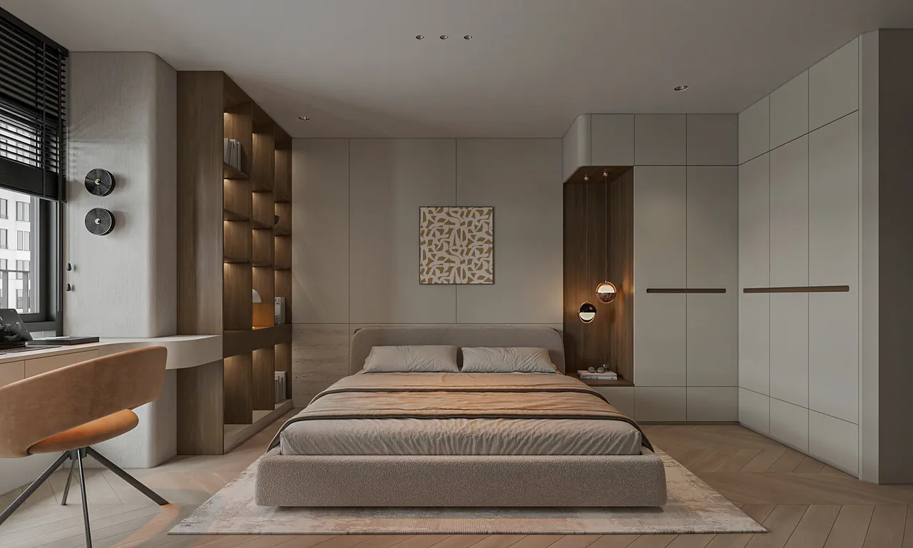 Căn 1PN Hiện đại — Lumière Evergreen toà A2 — phòng ngủ master, thiết kế 3d