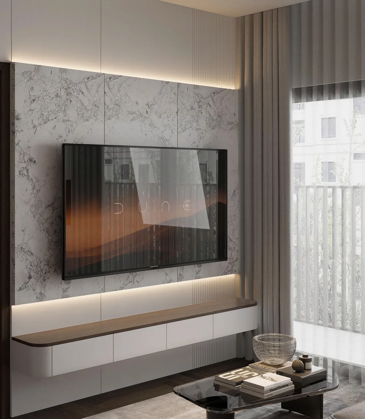 Căn 2PN Hiện đại — Lumière Evergreen toà A2 — phòng khách, thiết kế 3d