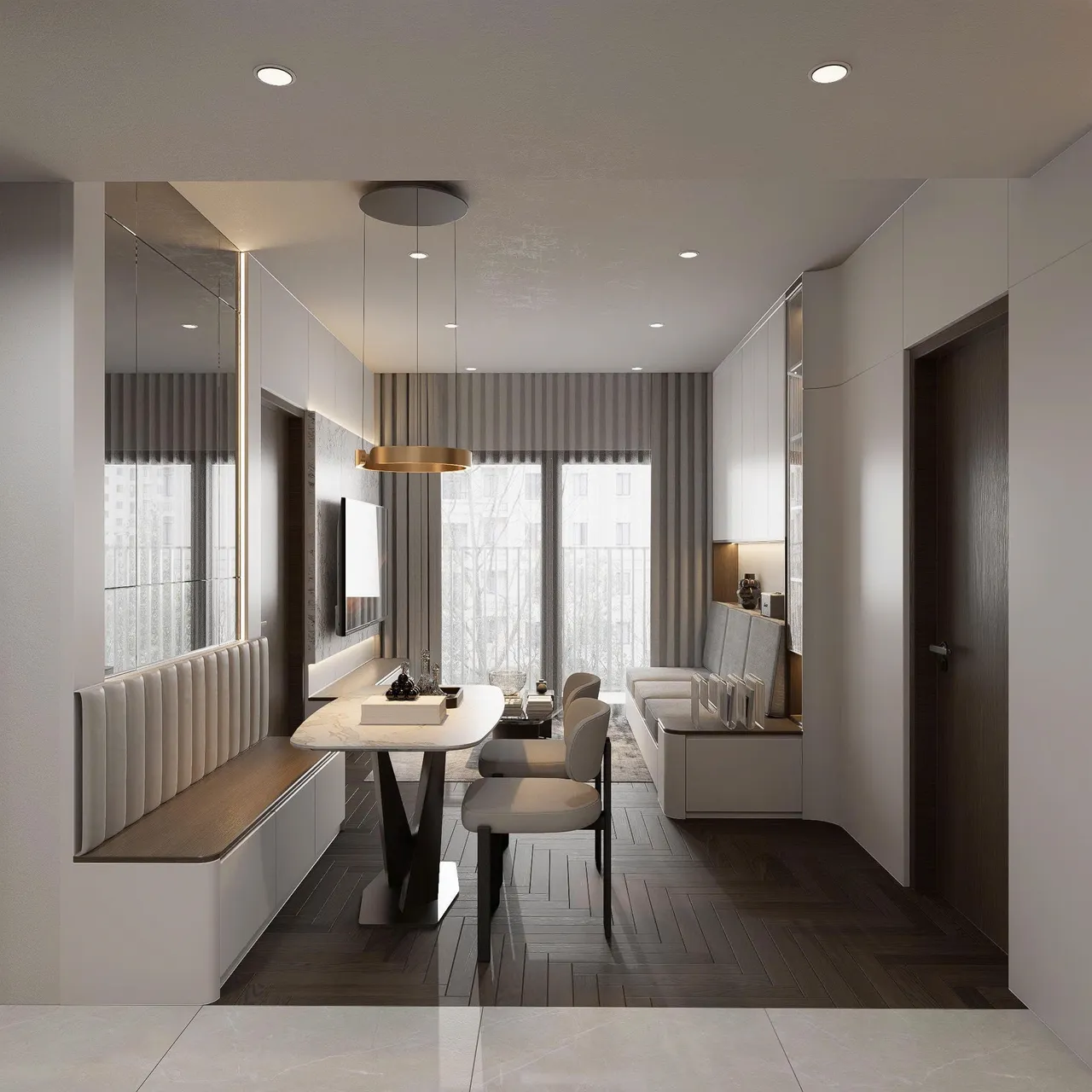 Căn 2PN Hiện đại — Lumière Evergreen toà A2 — bếp – phòng ăn, thiết kế 3d