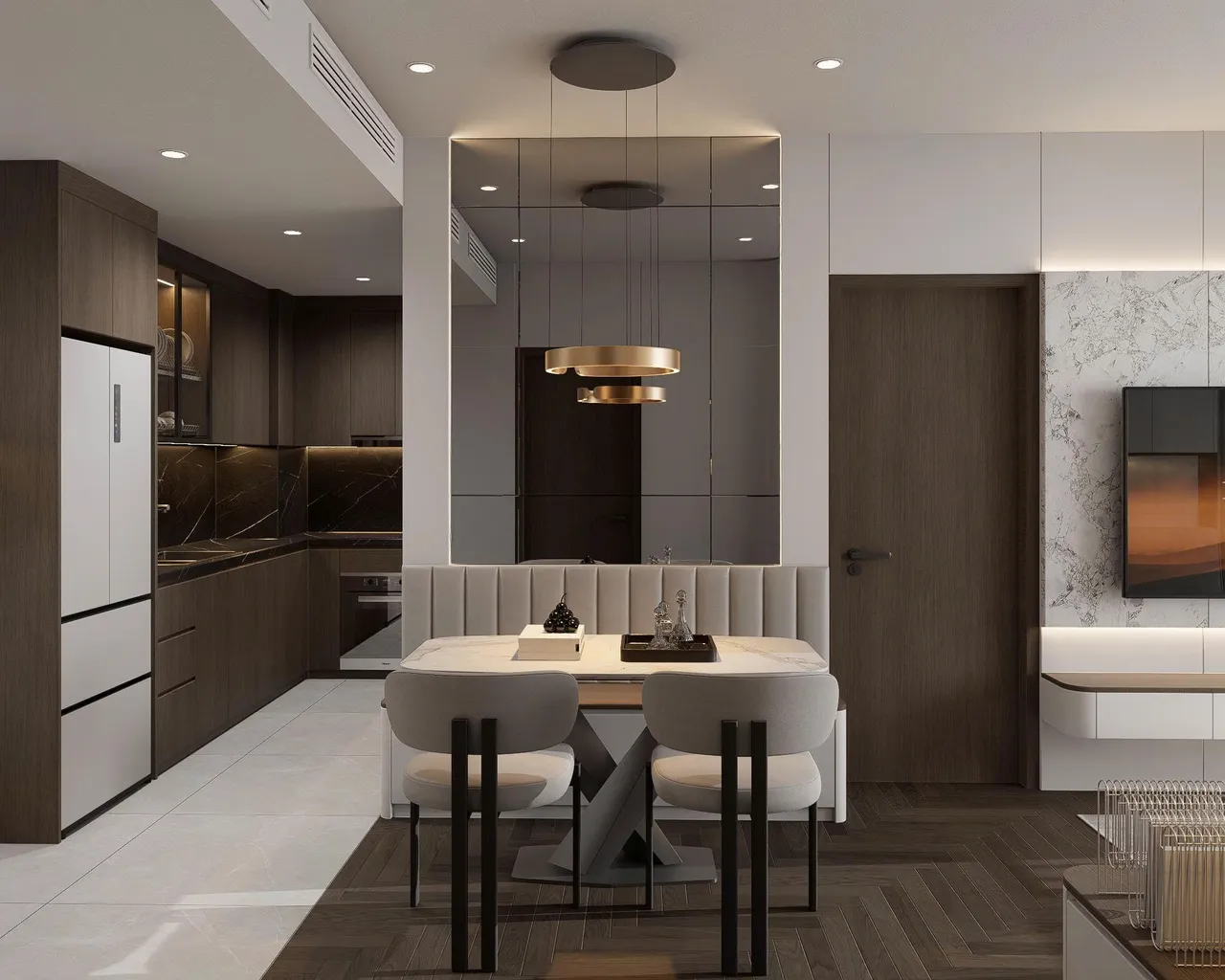 Căn 2PN Hiện đại — Lumière Evergreen toà A2 — bếp – phòng ăn, thiết kế 3d